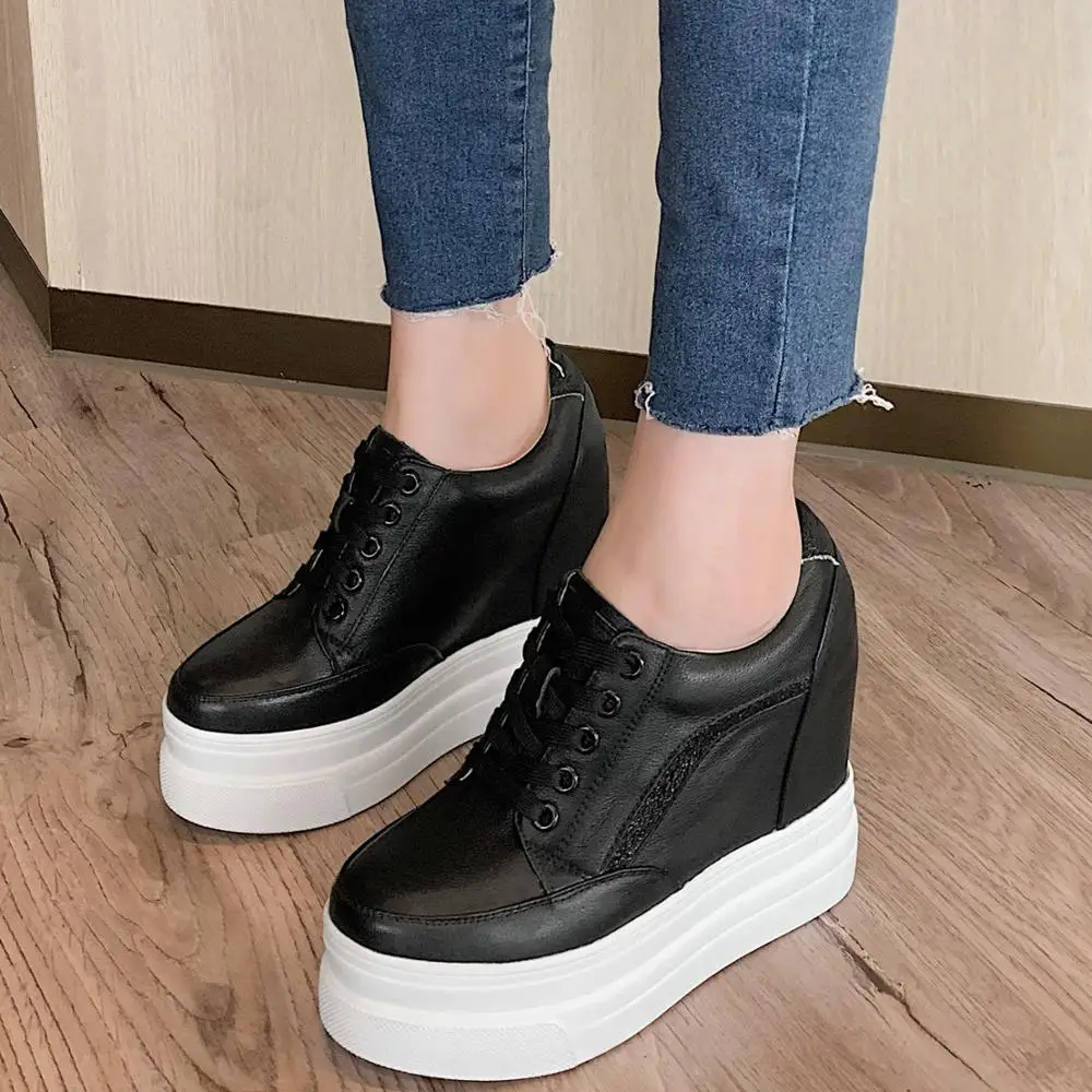 Casual Shoes Women Lace Up Cow Leather Wedges High Heel Vulcanized Shoes Female Round Toe Chunky Platform Oxfords Shoes US3-US9