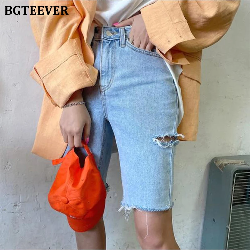 BGTEEVER Summer Casual Hot Shorts for Women High Waist Riped Button Up Female Denim Shorts Jeans Femme 2021 Streetwear