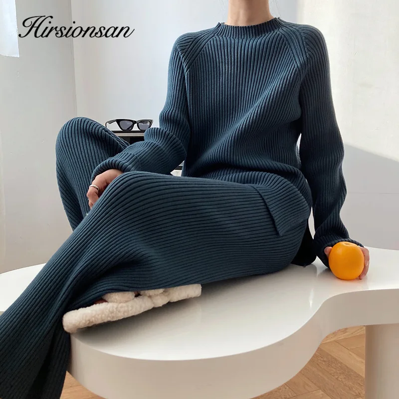 Hirsionsan Soft Cashmere Knitted Sets Women 2023 Autumn Winter Casual Two Pieces Sweater and Pants Outfits Solid Tracksuit Lady