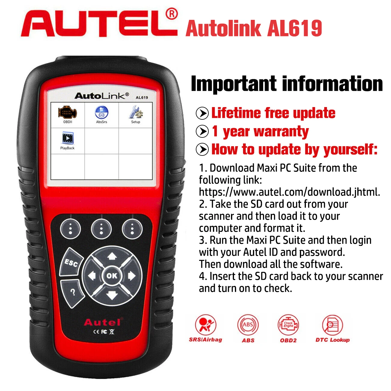 Autel AL619 AL519 Obd2 الماسح الضوئي أداة تشخيص السيارات رمز القارئ Automotriz ABS ، SRS السيارات EOBD ماسح ضوئي تشخيصي أداة مسح ضوئي #2