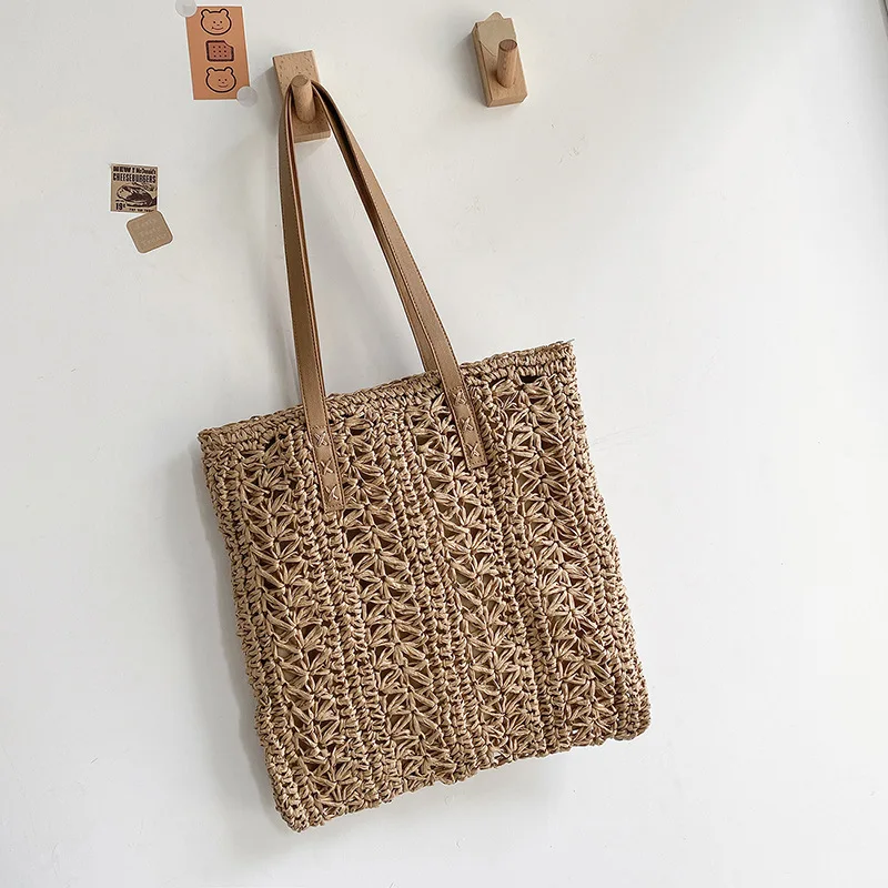 Square Hollow Straw Beach Bag Handmade Woven Shoulder Bag Raffia Rattan Shopping Travel Bag Bohemian Summer Vacation Casual Tote