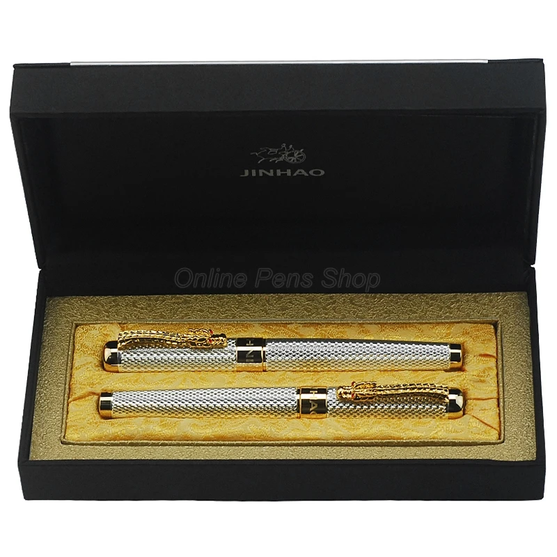 Jinhao 1200 Ancient Fountain Pen & Roller Ball Pen Exquisite Ripple With Dragon Clip, Silver Metal Carving With Gift Box Set