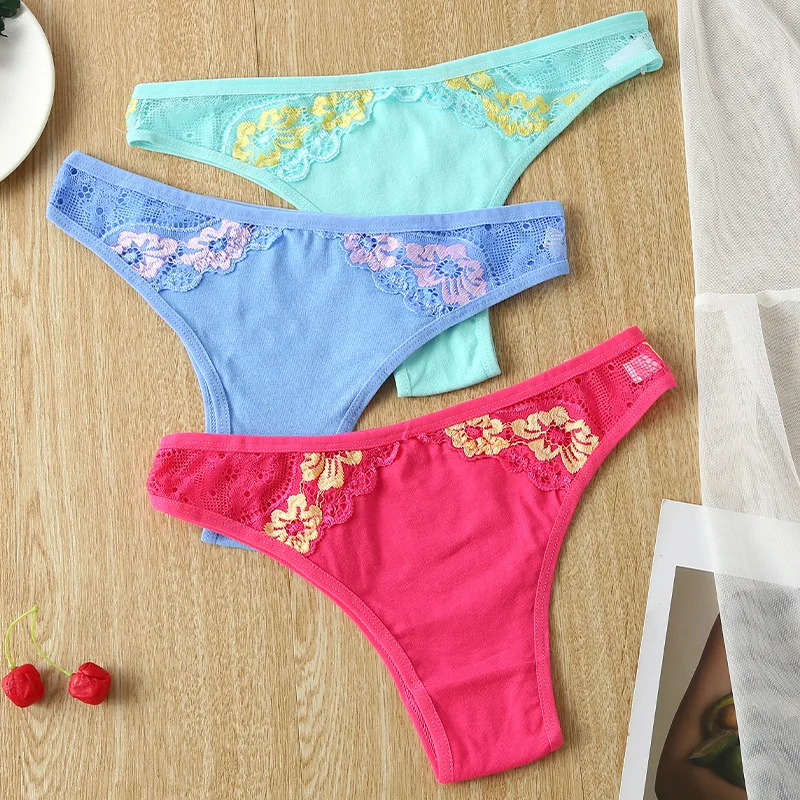 

3Pcs Cotton Embroidery Panties For Women Tanga Underwear With Sexy Lace T-back Thongs Underpants Ladies Intimates BANNIROU