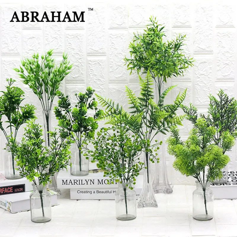 40cm Tropical Artificial Plants Plastic Leaves Small Tree Branch Fake Fern Grass Bouquet For Plant Wall Home Garden Indoor Decor