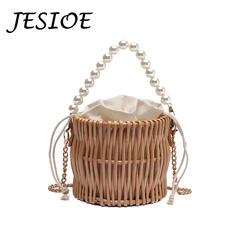 Female Handmade Pearl Luxury Casual Straw Bag Women Fashion Summer Small Straw Bucket Bags Lady Chain Travel Purses and Handbags