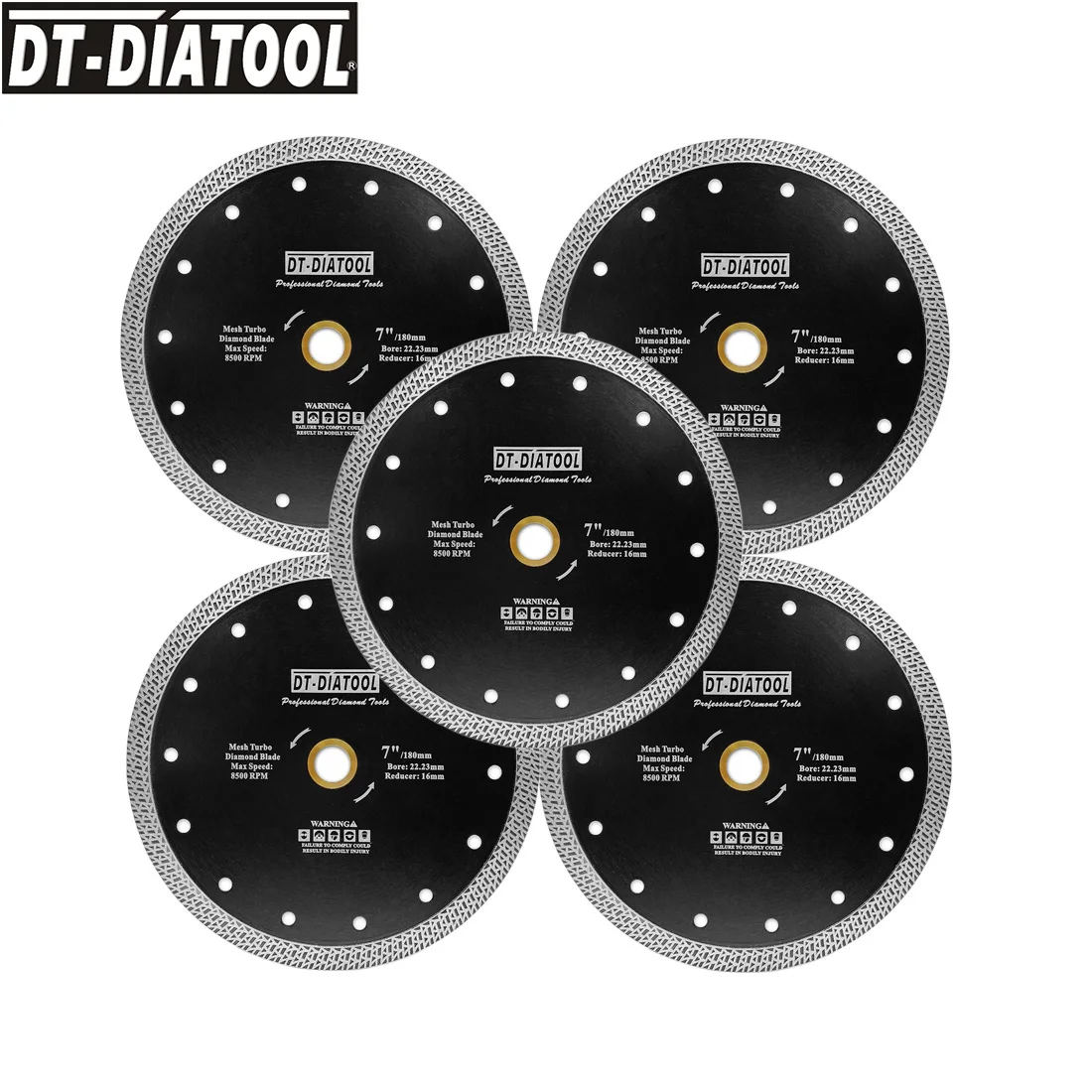 DT-DIATOOL 5pcs Dia 180mm/7 "Warm geperst Gesinterde Diamantdoorslijpschijf Mesh Turbo Diamant Saw blade Graniet Marmer Tegel Keramische