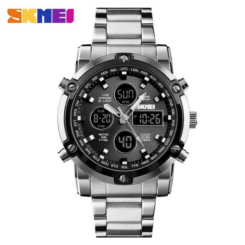 SKMEI-Relógio de pulso masculino, Pulseira Digital, 3 Time Countdown, Relógios de aço inoxidável, Relógios Masculinos, Moda