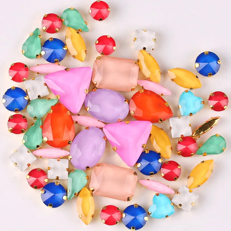 Gold claw settings 50pcs/bag shapes mix  jelly candy Lt topaz glass crystal sew on rhinestone wedding dress shoes bags diy