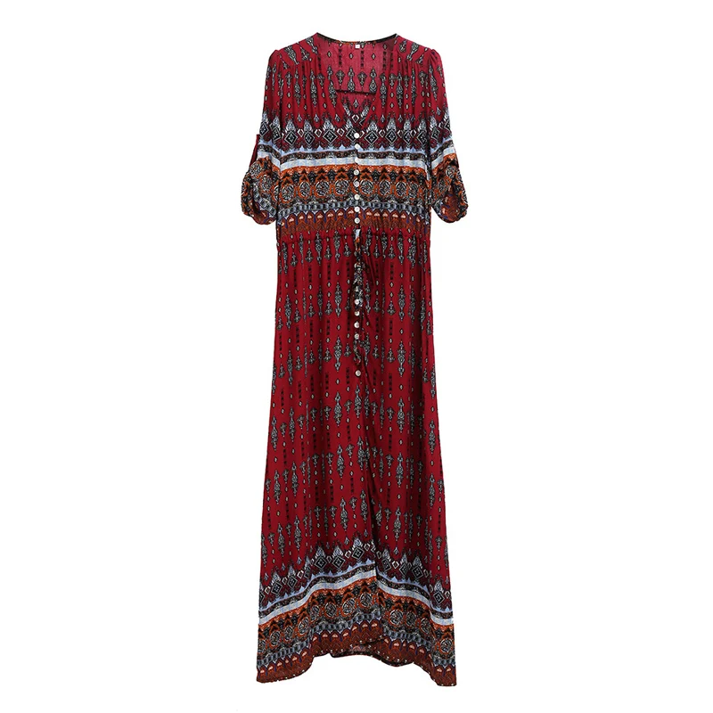 Nowa sukienka Boho szykowny, kwiatowy print maxi długie sukienki dekolt hippie kobiety sukienki 2017 Casual bohemia marka odzież Boho XXXL