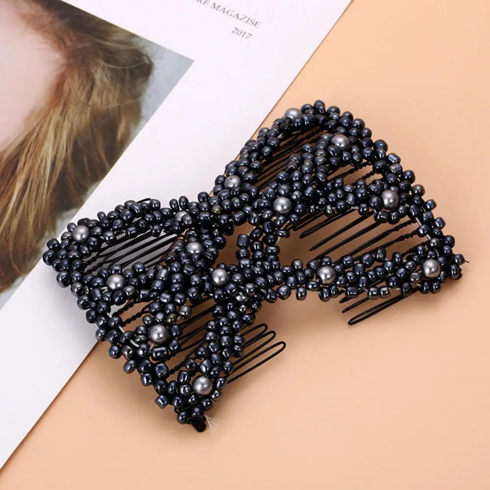 Women DIY Hair Accessories Pearl Beaded Elastic Hair Claw Hairpin Magic Comb Up-Do Hairstyle Bun Maker Tool Ponytail Hairdo