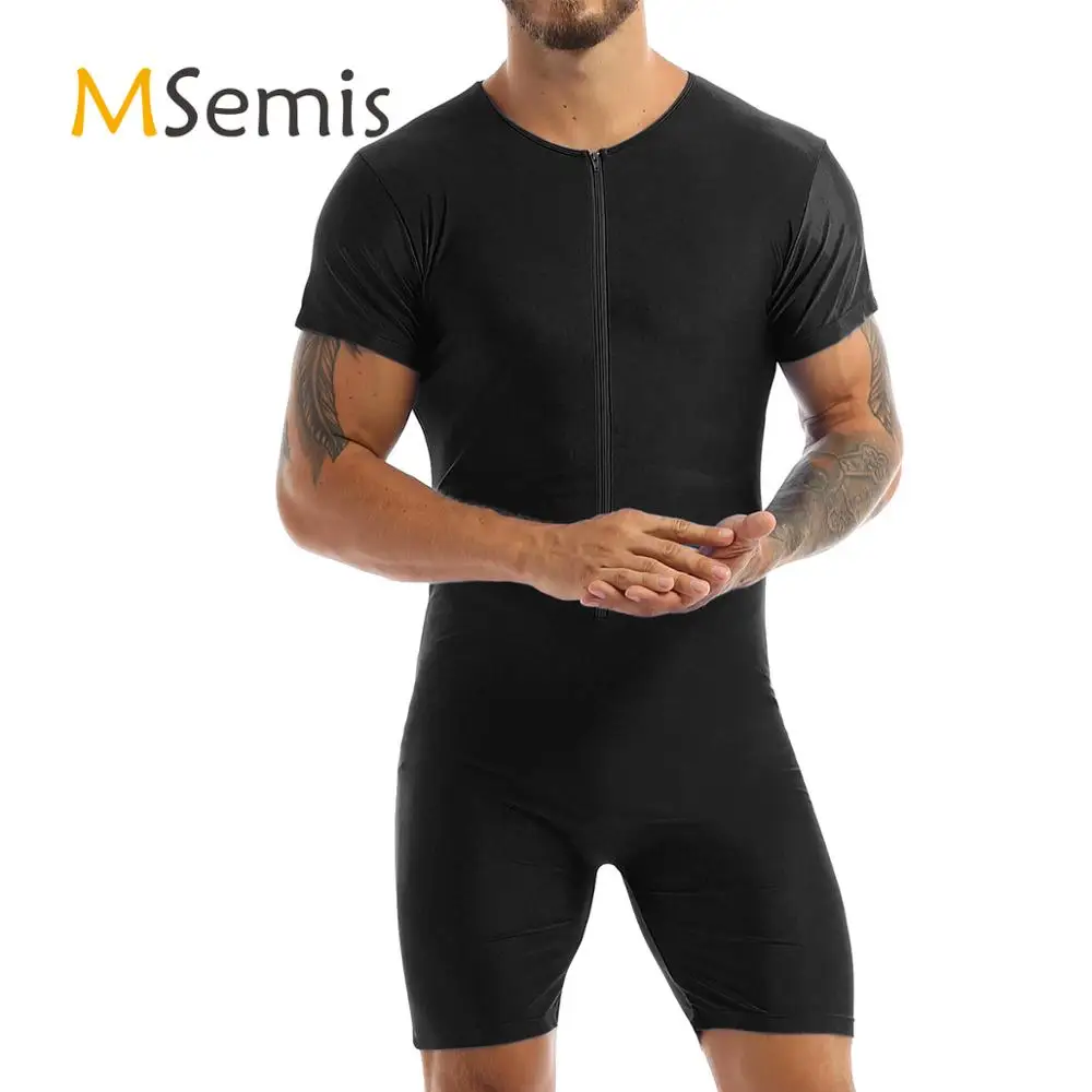 Swimwear Mens Gymnastics Leotard Tight Bodysuit Short Sleeve Front Zipper Boxer Briefs Shorts Leotard Body Suit Male Jumpsuit