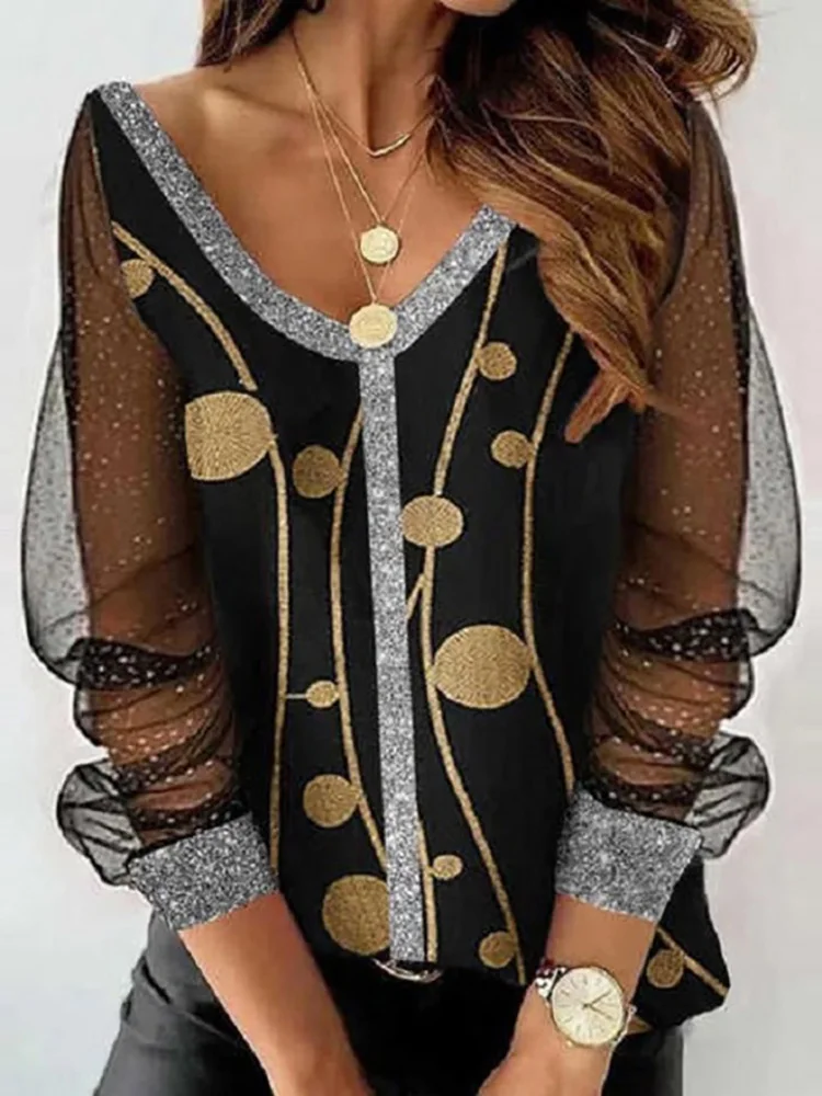 

2022 Vintage Printed Women's V Neck Blouse Office Lady Long Sleeve Sequins Shirt Top Female Elegant New Spring Loose Shirt Blusa