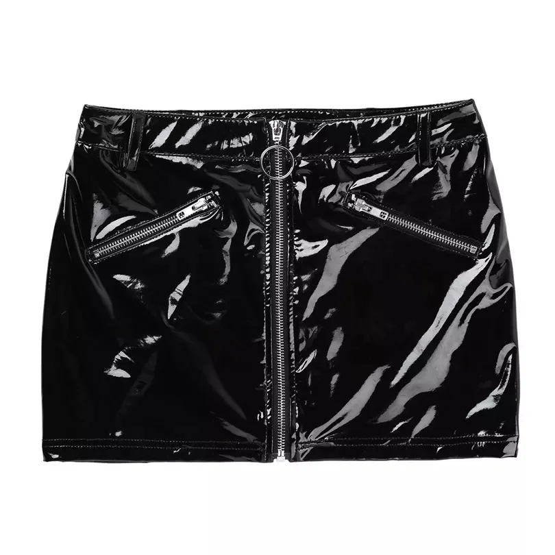 Frauen Sexy Wetlook Leder Mantel Kleid Weibliche Erotische Porno Öffnen Gabelung Tasche Hüfte Rock Glänzende Gestaltung Latex Taille Mini Rock