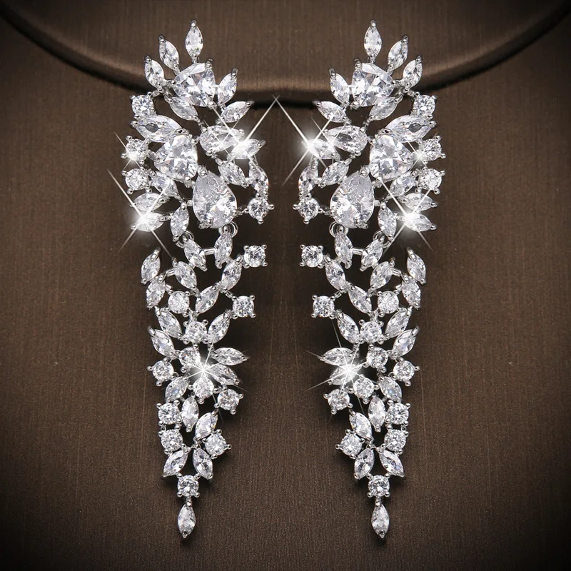 Ekopdee Vintage Luxury Teardrop Zircon Drop Earrings For Women Charm Bling Leaf CZ Crystal Earring Wedding Party Fashion Jewelry