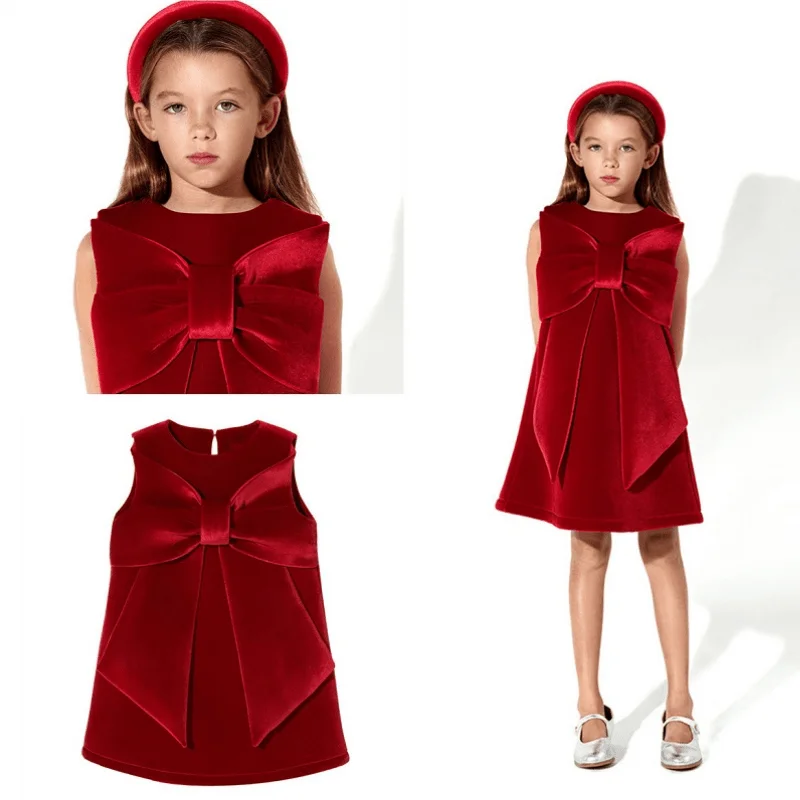 Baby Girl Princess Velvet Vest Dress Big Bow Infant Toddler Vintage Vestido Sleeveless Christmas Party  New Year Clothes 1-7Y