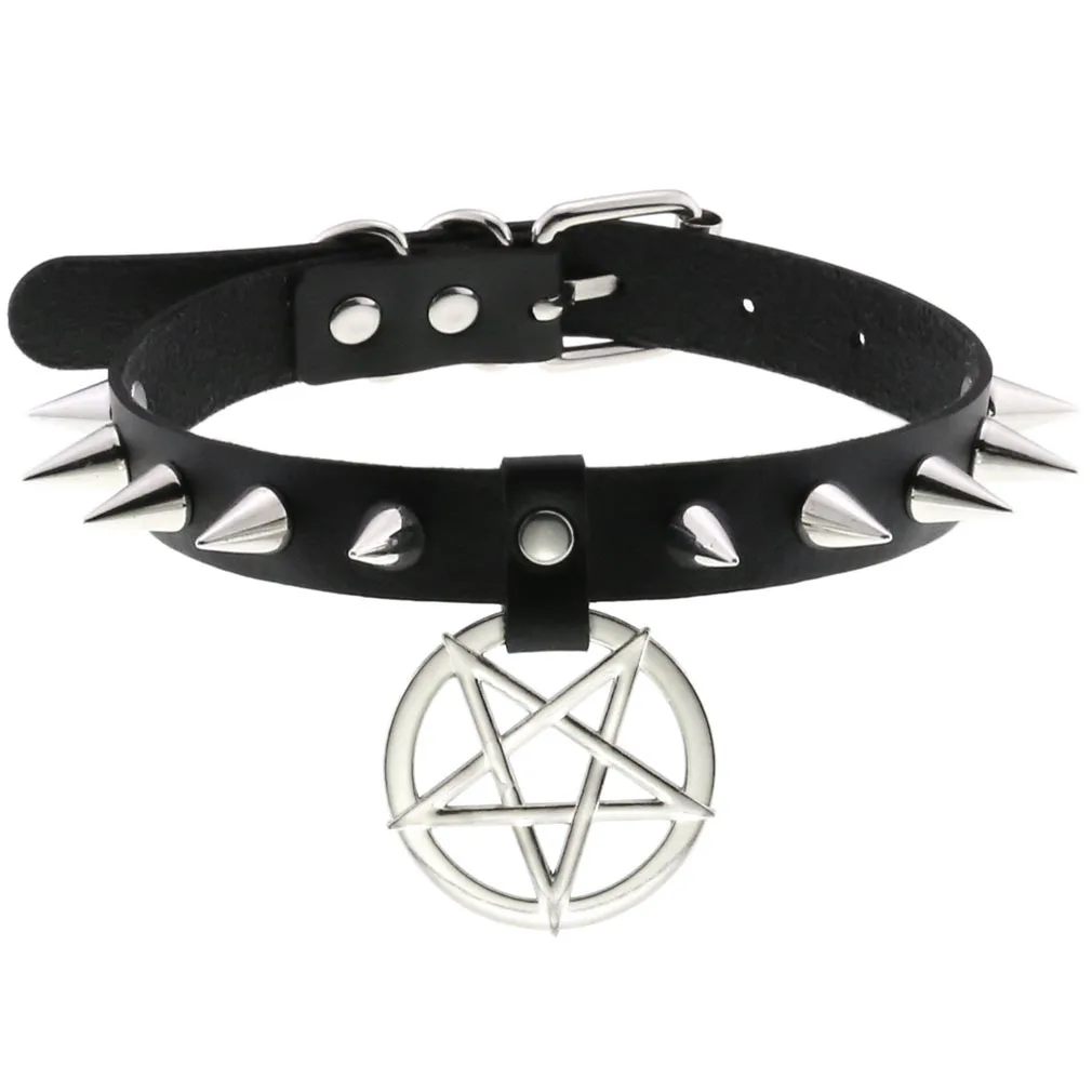 Women Pentagram Black Star Leather Choker Punk PU Leather Supernatur Spike Rivet Collar Studded Necklace Girls Gothic Jewelry