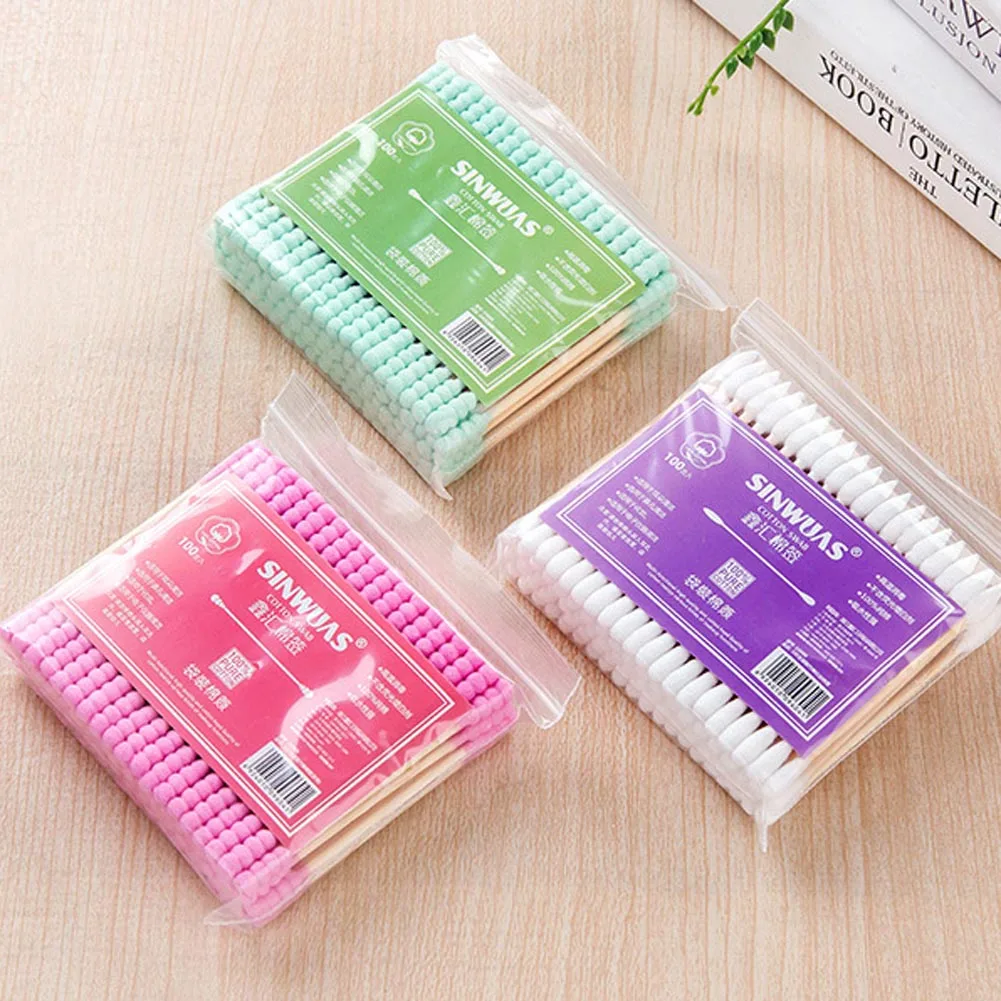 100pcs/ Pack Double Head Cotton Swab Women Makeup Cotton Buds Tip For Medical Wood Sticks Nose Ears Cleaning Health Care Tools