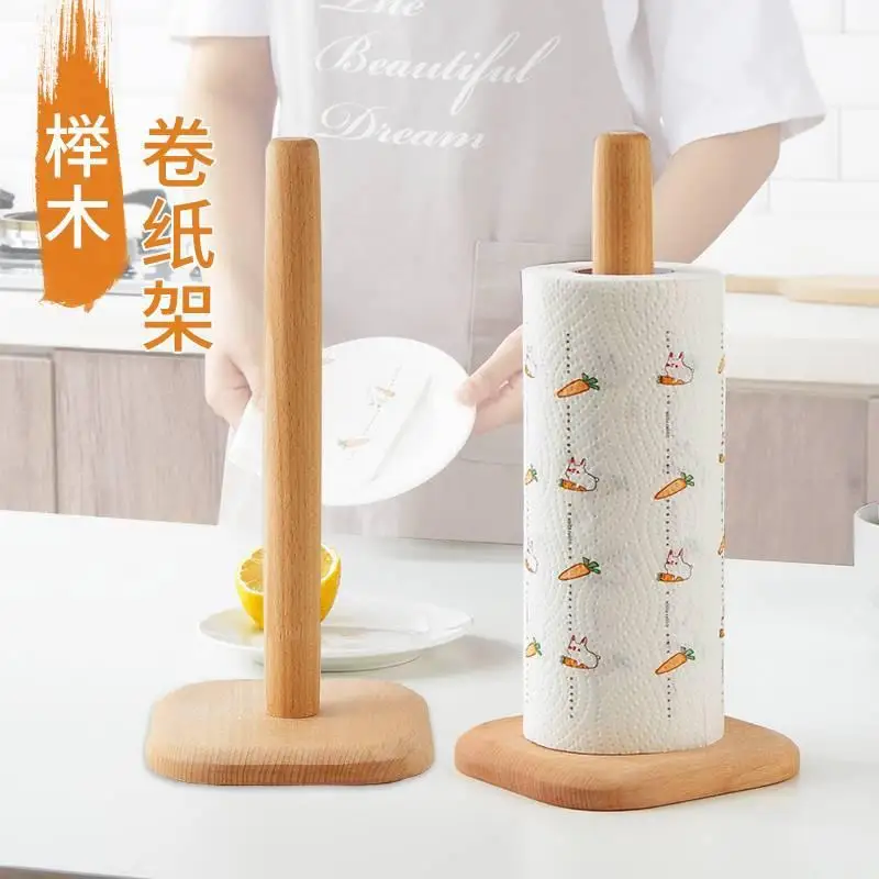 Beech Wooden Vertical Stand, Roll Paper Stand, Kitchen Paper Towel, Toilet Tissue Holder, Household Kitchen Tool