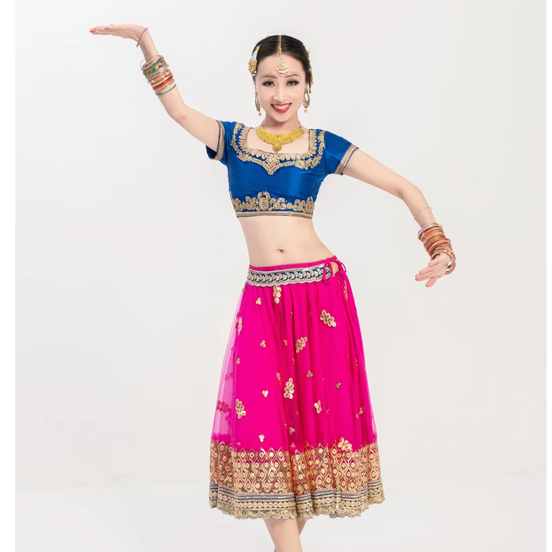 2022 New Indian Dance Punjabi Langha Clothes Bollywood Dance Short Tops Lace Big Swing Skirt Belly Dance Stage Costumes DQL6628