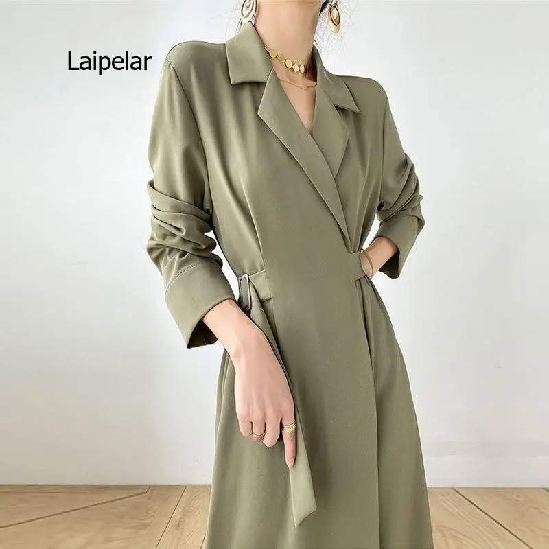 

Solid Elegant Dress Women Autumn Bandage Midi Split Dress Office Lady Designer Casual Korean Style One-piece Dress Female 2021