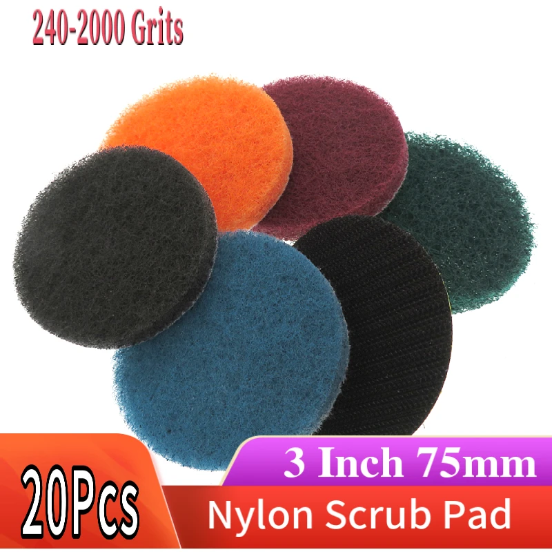 Scrub Pad 20Pcs 3 Inch 75mm Flocking Industrial Scouring Pads Heavy Duty Nylon Polishing Pad for Kitchen Car Bathroom Cleaning