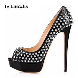 Studded Black Stripper Ultra High Heels Platform Shoes for Women 2024 Peep Toe Sexy Woman Pumps with Spikes Ladies Footwear