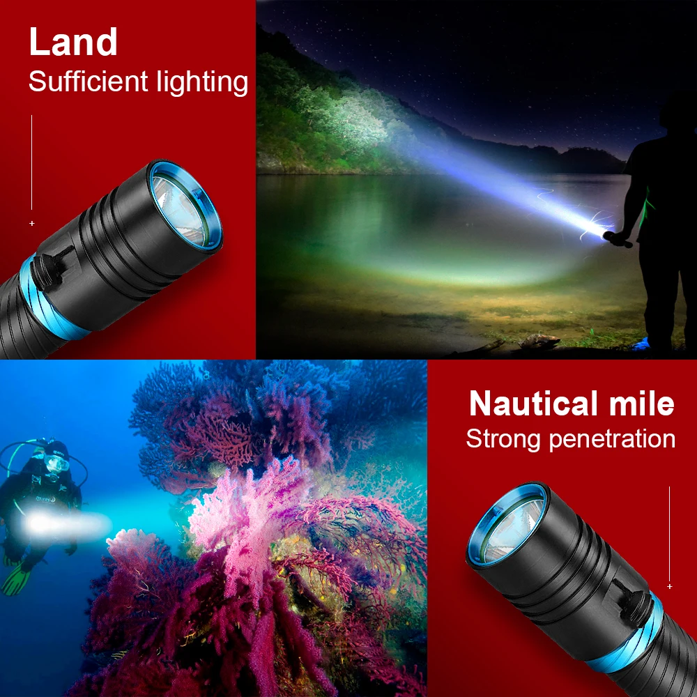 Professional Diving Torch IPX8 100M Diving Flashlight 18650 26650 Underwater Lamp Rechargeable Led Lantern Waterproof Flashlight