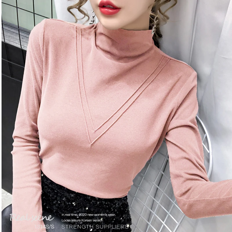 turtleneck slim fit tshirt femme cotton tee shirt camisas mujer 2024 t-shirt thicken t shirt long sleeve tops womens clothing