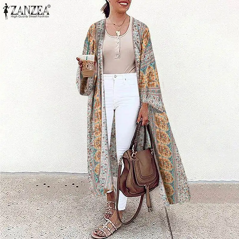 ZANZEA Summer Vintage Floral Printed Blouse Women Beach Cardigan Bohemian Long Sleeve Open Front Holiday Kimono Loose Long Shirt