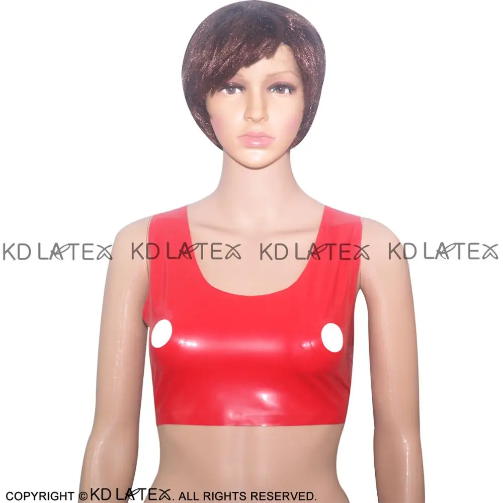 Red Sexy Latex Bras With Nipple Open Straps Buttons At Back Rubber Crop Top Lingerie Brassieres 0001