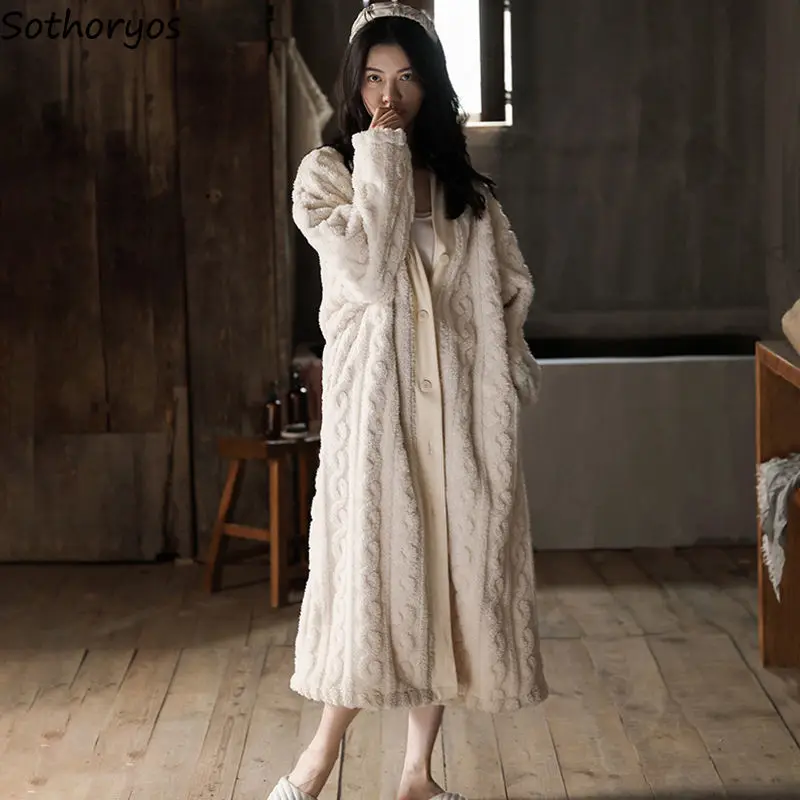 

Thick Warm Elegant Flannel Nightgowns Women Simple Gentle Tender Fluffy Heating Single Breasted Nightdress Winter Soft Sleepwear