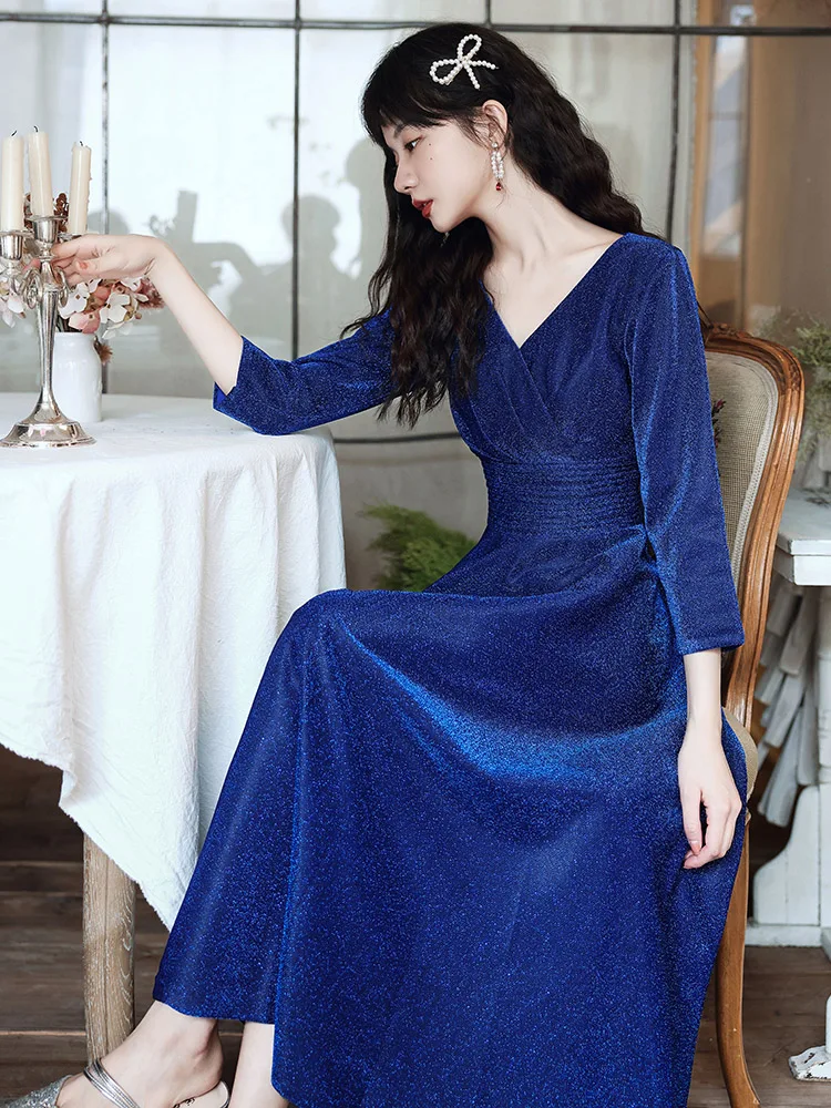 Long Sleeve Cocktail Party Dresses 2021 Elegant V-Neck A-Line Tea-Length Royal Blue Prom Dresses For Graduation