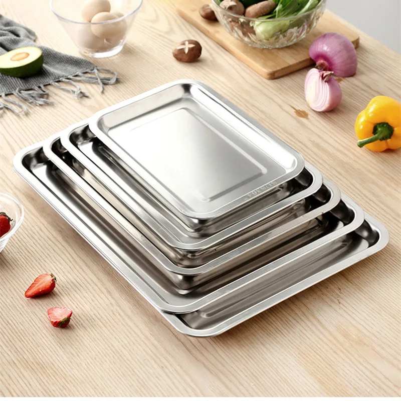 Stainless Steel Barbecue Trays Pastry Cake Dessert Baking Pan Fruit Snack Storage Plate Food Container Kitchen Organizer Dish