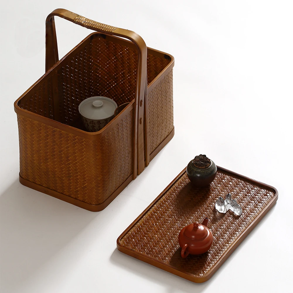 Outdoor Portable Bamboo Storage Box For Teacup Teapot Candy Fruit Cake Dessert Handmade Retro Basket For Picnic Fishing Travel