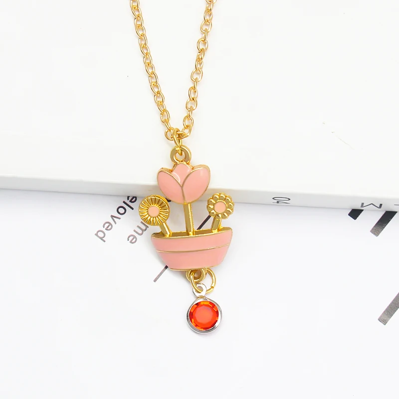 Lovely Rose Flowers Colorful Necklace Potted plants Flowerpot Red crystal Zircon Pendant Necklace Charm Choker for Women Jewelry