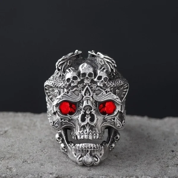 Men's 316L Stainless Steel Ring Domineering Devil Skull Red Stone Ring Motorcycle Party Punk Men's Ring Biker Jewelry Gifts