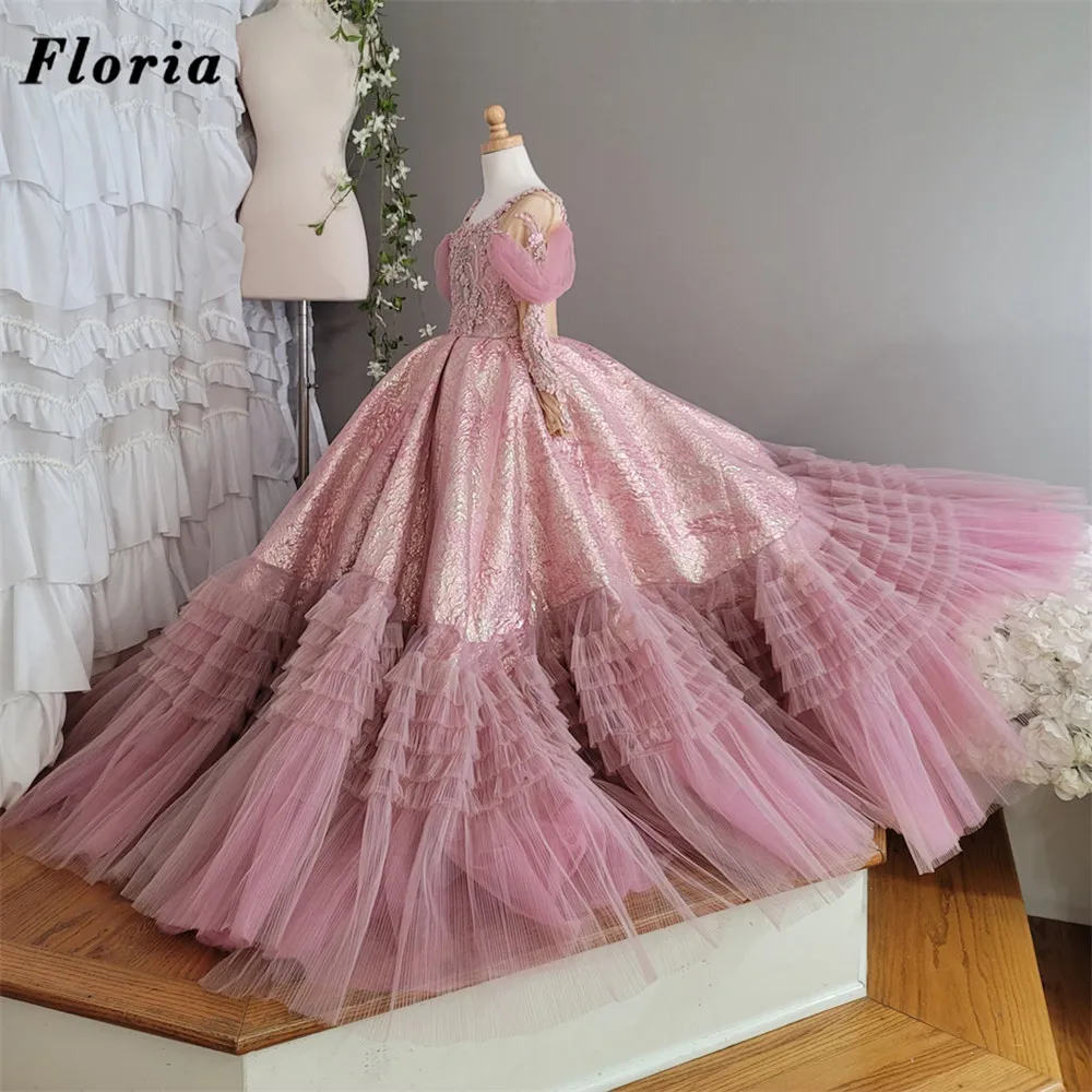 Luxury Long Ball Gown Flower Girls Dresses Wedding Party Gowns Vestidos Kids Pageant Dress Pearls Appliques Girl Communion Dress