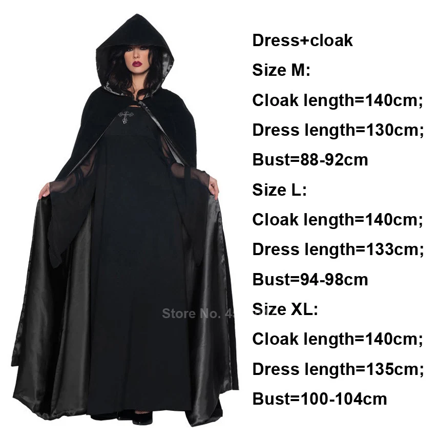 Scary Halloween Costumes for Women Ghost Bride Costume Black Dress Cloak Set Gothic Medieval Dress Vampire Devil Horror Suit