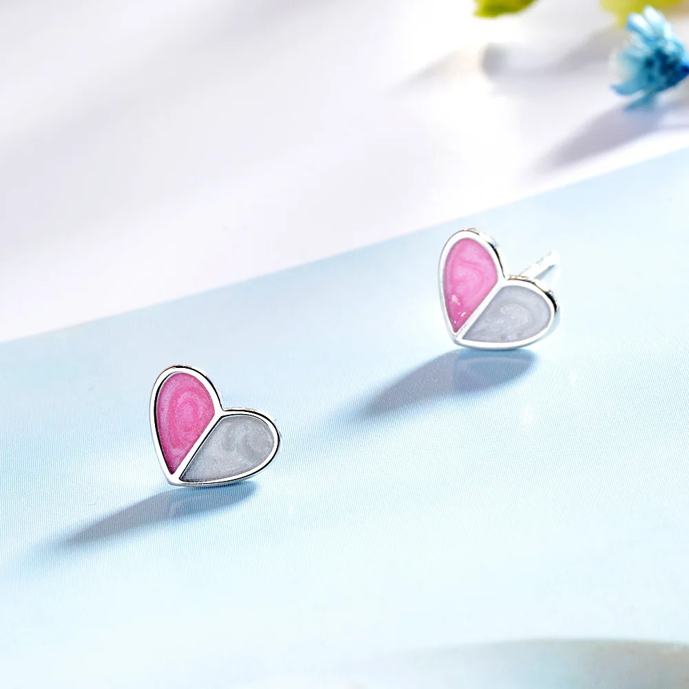 925 Sterling Silver Pink Enamel Heart Stud Earrings for Women Party Gift Jewelry  pendientes boucle d oreille