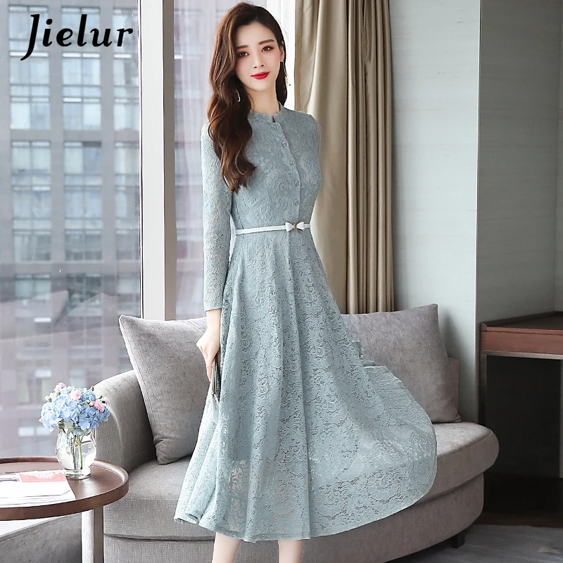 Jielur New Elegant Lace Dress Women Korean Slim O-neck Office Lady Trumpet Dress Long Sleeve Autumn Fashion Sexy Dresses M-3XL