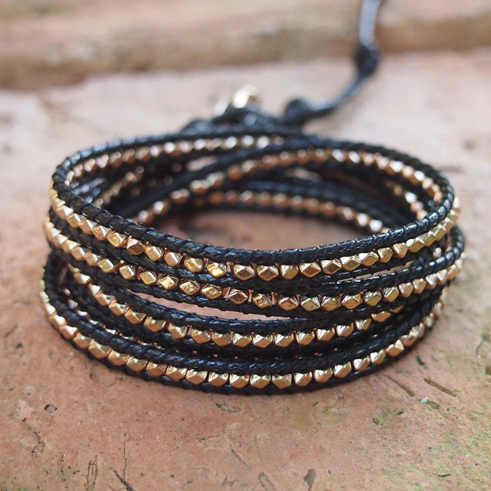 Hematite Beads Wrap Bracelet Handmade Vintage 5 Strands Bracelets Bohemian Wax Rope Adjustable Gifts Jewelry for Women Men