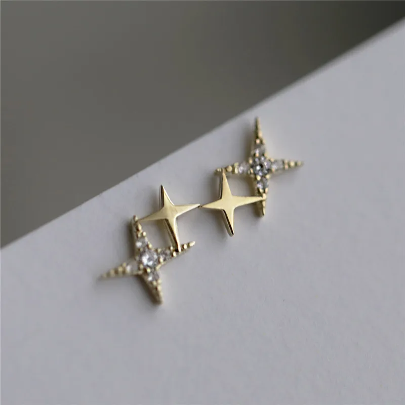 925 Sterling Silver Japanese Micro Inlaid Crystal Four-Pointed Star Plating 14k Gold Earrings Women Small Cute Banquet Jewelry