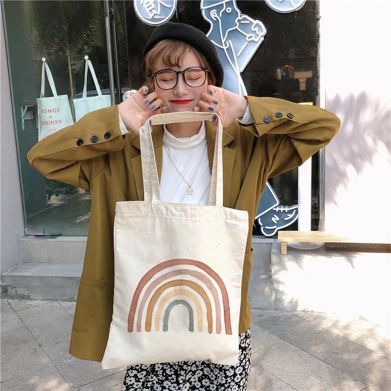 Rainbow Cotton Canvas Bag Women's Casual Shoulder Bags Lady Handbag Reusable Large Capacity Tote Bags Student Book Bag