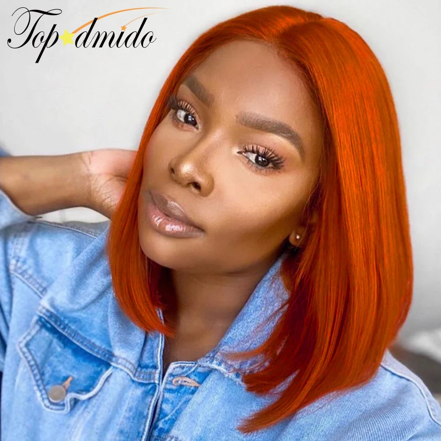 

TOPODMIDO Orange Color 4x4 Closure Human Hair Wigs Baby Hair Brazilian Remy Hair Short Bob Wigs 13x6x1 Lace Front Wigs for Women