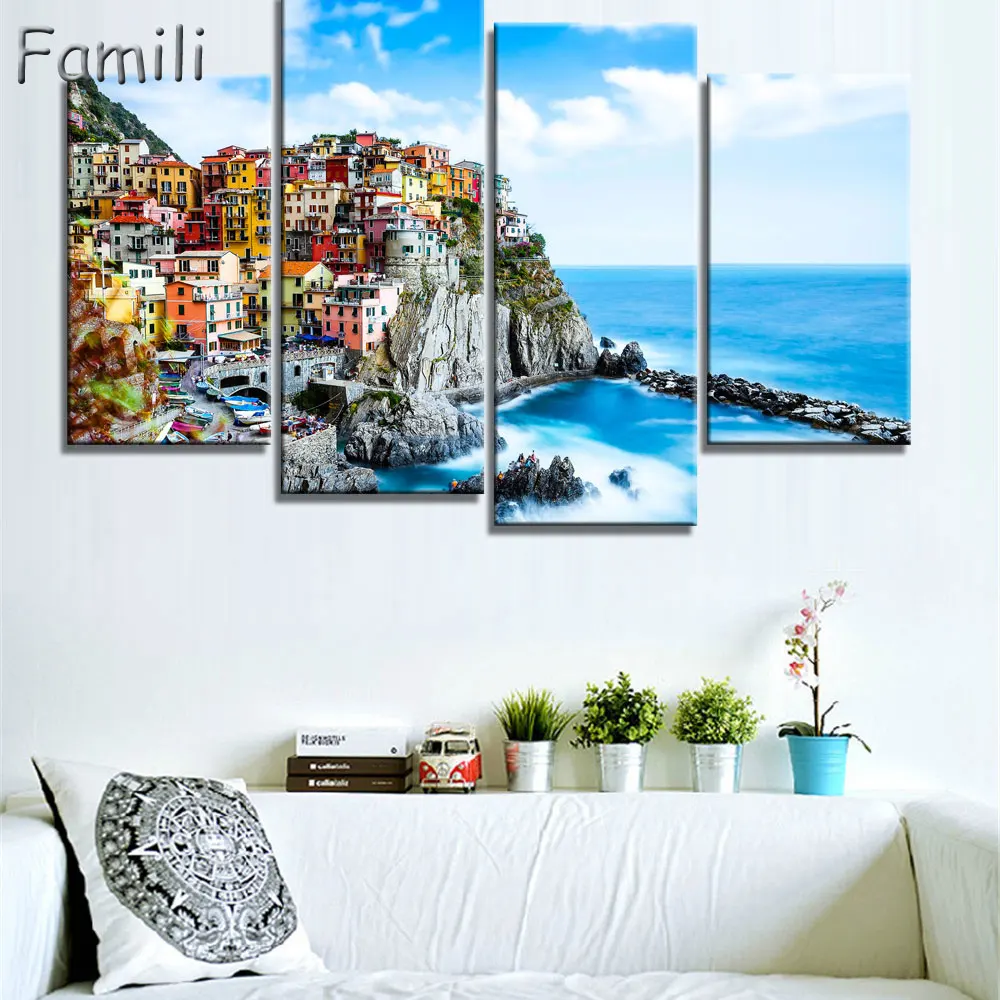 4 Pcs/Set Framed HD Printed Italy Landscape Wall Art Canvas Pictures For Living Room Bedroom Home Decor Canvas Painting