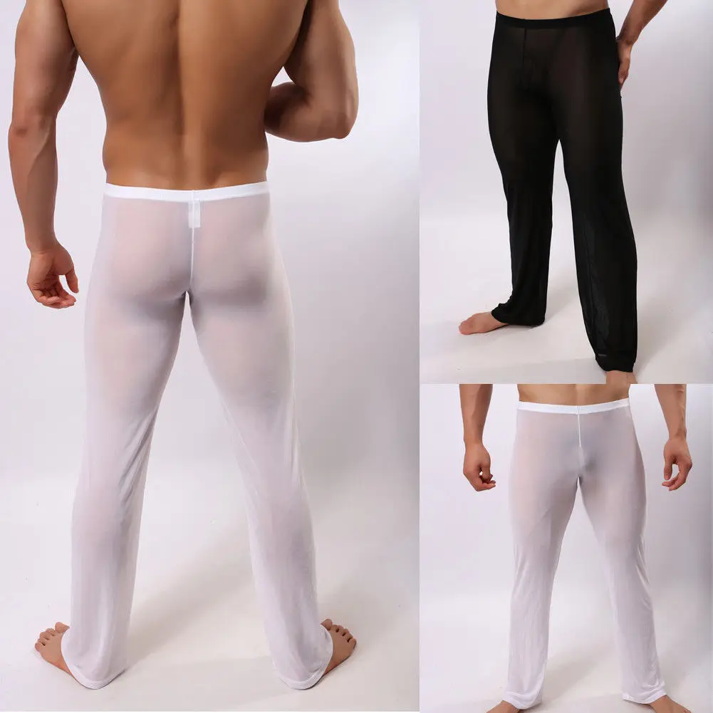 Hirigin masculino sexy macio malha pura calças de estiramento calças sleepwear quente transparente calças masculinas homewear