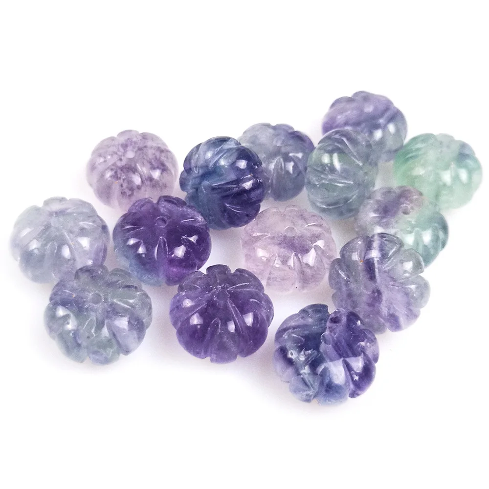 

10pcs/lot 14mm Natural Fluorite Stone Pumpkin Shape Beads Colored Carving Melon Beads Lantern For DIY Earrings Necklace Jewelry