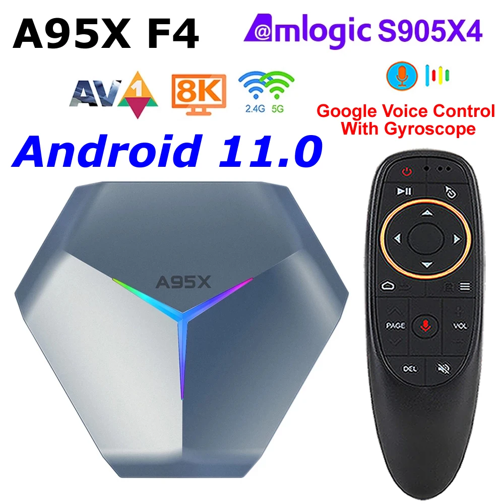 A95X F4 Android 11 TV BOX Amlogic S905X4 4GB RAM 128GB ROM 2.4G/5Ghz Wifi BT RGB Light 8K decoding 4K YouTube TV Set Top Box