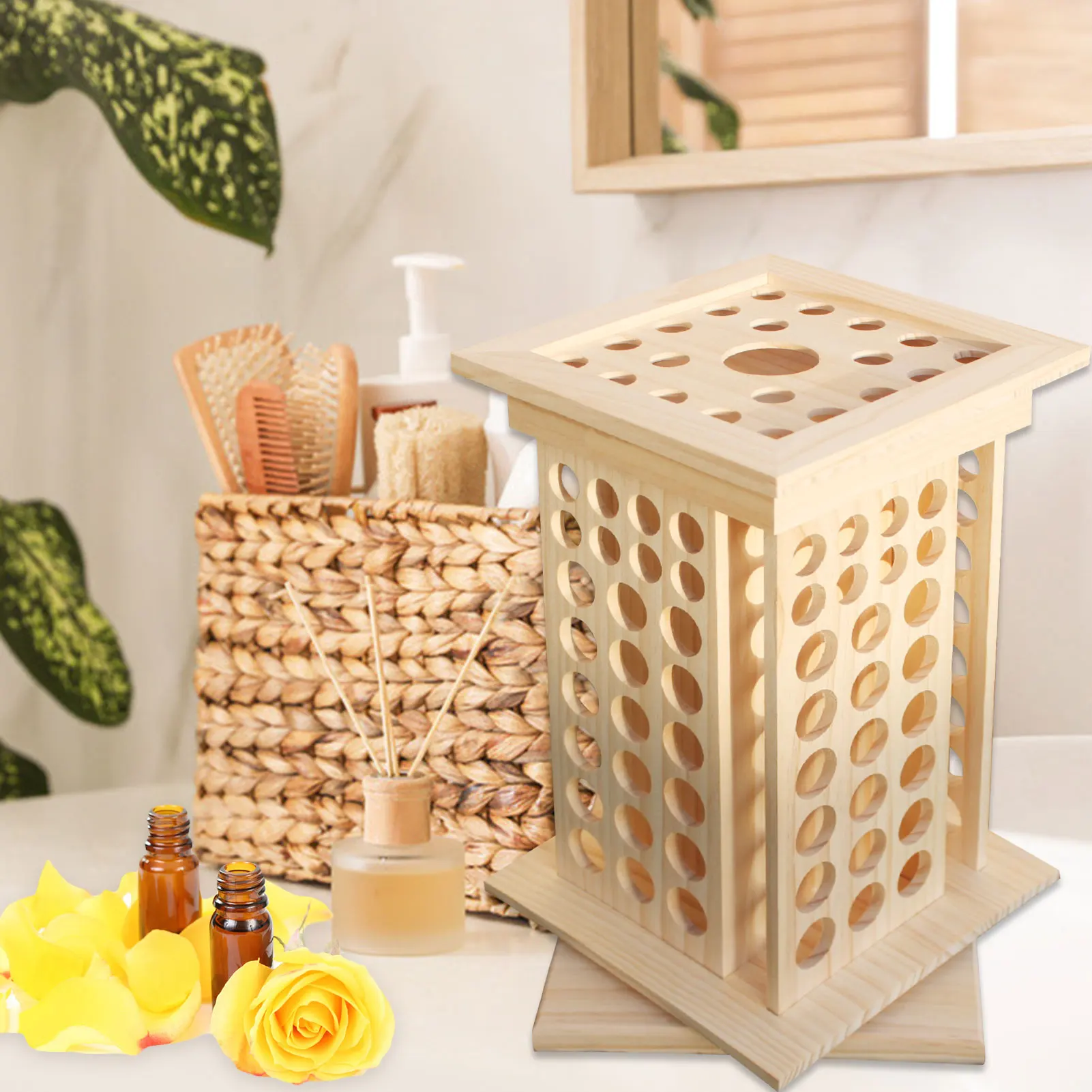 Essential Oil Display Stand 125 Hole Wooden Display Rack Sample Rotatable Storage Rack Store Essential Oil Bottle Holder