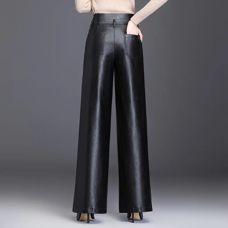 Fashion women\'s new high waist  wide leg pants autumn and winter loose Quality PU leather trousers wild large size Leather pants